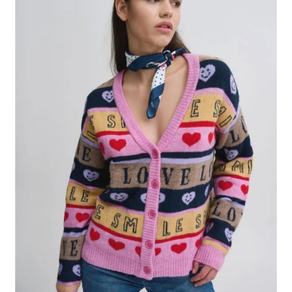 ICHI Colorful Love and Smile Patterned Women's Sweater Size Medium